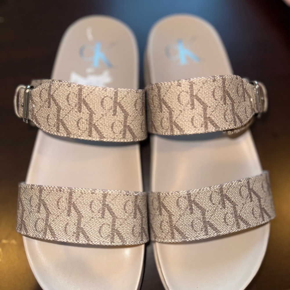 Calvin Klein Women's Tan Logo Slide Sandals